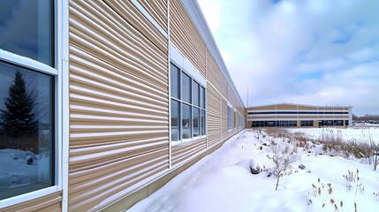 Wall Mural - panoramic shot of a building featuring vinyl siding in a warm honey beige, with a snowy landscape around it, offering a cozy and inviting appearance