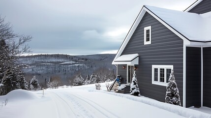 Wall Mural - panoramic shot of a house clad in vinyl siding in a striking midnight black, with a sharp contrast against the white snowy landscape
