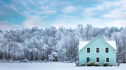 Wall Mural - panoramic shot of a house with vinyl siding in a calm seafoam green, with a backdrop of a snowy forest and a crisp winter sky