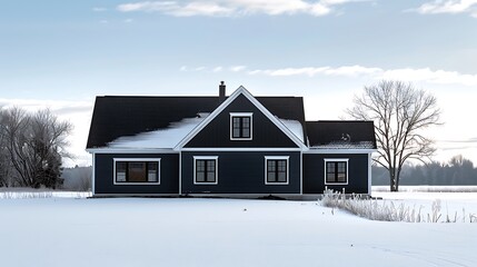 Wall Mural - panoramic shot of a house clad in vinyl siding in a striking midnight black, with a sharp contrast against the white snowy landscape
