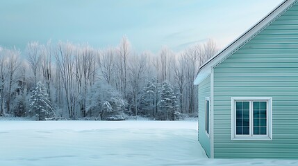 Wall Mural - panoramic shot of a house with vinyl siding in a calm seafoam green, with a backdrop of a snowy forest and a crisp winter sky