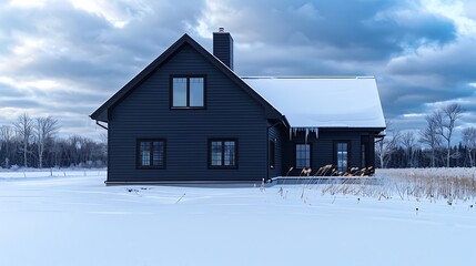 Wall Mural - panoramic shot of a house clad in vinyl siding in a striking midnight black, with a sharp contrast against the white snowy landscape