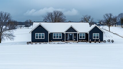 Wall Mural - panoramic shot of a house clad in vinyl siding in a striking midnight black, with a sharp contrast against the white snowy landscape
