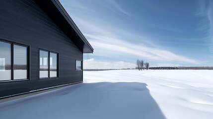 Wall Mural - panoramic shot of a house clad in vinyl siding in a striking midnight black, with a sharp contrast against the white snowy landscape