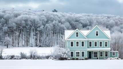 Wall Mural - panoramic shot of a house with vinyl siding in a calm seafoam green, with a backdrop of a snowy forest and a crisp winter sky