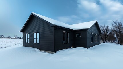 Wall Mural - panoramic shot of a house clad in vinyl siding in a striking midnight black, with a sharp contrast against the white snowy landscape