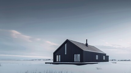 Wall Mural - panoramic shot of a house clad in vinyl siding in a striking midnight black, with a sharp contrast against the white snowy landscape