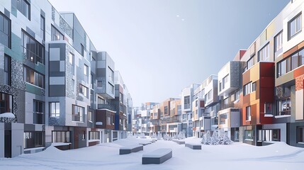 Wall Mural - panoramic view of a futuristic urban block, where each building is outfitted with high-performance vinyl siding in a mosaic of frosty colors, designed for energy efficiency in cold climates