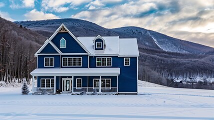 Wall Mural - panoramic view of a home clad in vinyl siding in a rich cobalt blue, standing out against a snowy mountain backdrop