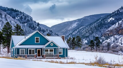 Wall Mural - panoramic view of a home clad in vinyl siding in a rich cobalt blue, standing out against a snowy mountain backdrop