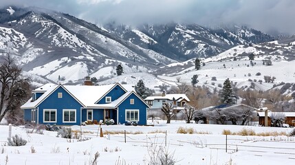 Wall Mural - panoramic view of a home clad in vinyl siding in a rich cobalt blue, standing out against a snowy mountain backdrop
