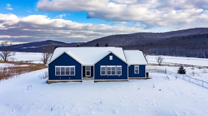 Wall Mural - panoramic view of a home clad in vinyl siding in a rich cobalt blue, standing out against a snowy mountain backdrop