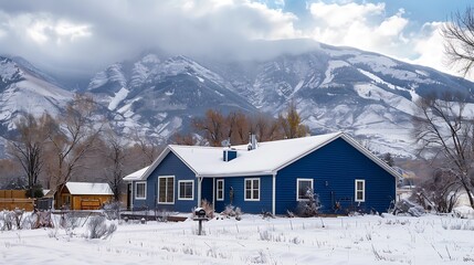 Wall Mural - panoramic view of a home clad in vinyl siding in a rich cobalt blue, standing out against a snowy mountain backdrop