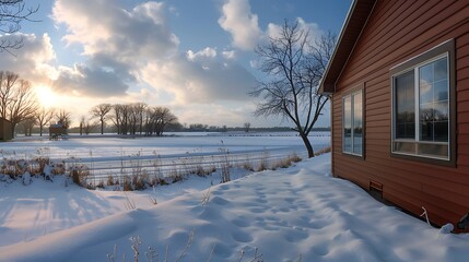 Wall Mural - panoramic view of a home clad in vinyl siding in a deep mahogany brown, standing out against a snowy field and frozen lake