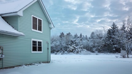 Wall Mural - panoramic shot of a house with vinyl siding in a calm seafoam green, with a backdrop of a snowy forest and a crisp winter sky