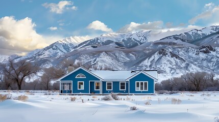 Wall Mural - panoramic view of a home clad in vinyl siding in a rich cobalt blue, standing out against a snowy mountain backdrop
