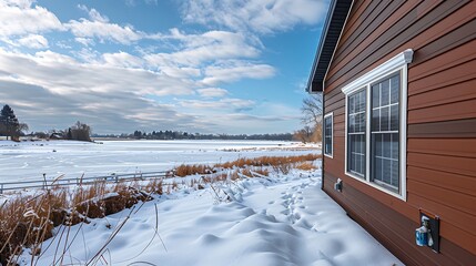 Wall Mural - panoramic view of a home clad in vinyl siding in a deep mahogany brown, standing out against a snowy field and frozen lake