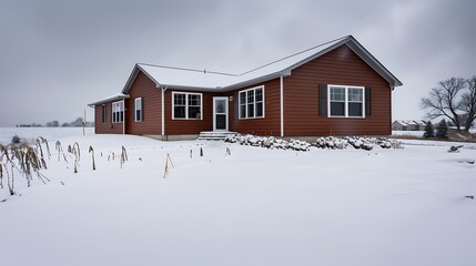 Wall Mural - panoramic view of a home clad in luxurious cinnamon brown vinyl siding, perfectly complementing the snowy surroundings and cold gray skies