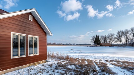 Wall Mural - panoramic view of a home clad in vinyl siding in a deep mahogany brown, standing out against a snowy field and frozen lake