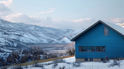 Wall Mural - panoramic view of a home clad in vinyl siding in a rich cobalt blue, standing out against a snowy mountain backdrop