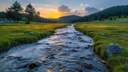 Wall Mural - Sunset Over a Tranquil Mountain Stream
