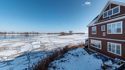 Wall Mural - panoramic view of a home clad in vinyl siding in a deep mahogany brown, standing out against a snowy field and frozen lake