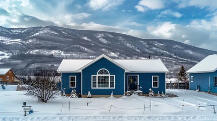 Wall Mural - panoramic view of a home clad in vinyl siding in a rich cobalt blue, standing out against a snowy mountain backdrop
