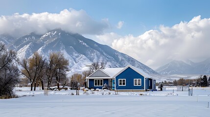 Wall Mural - panoramic view of a home clad in vinyl siding in a rich cobalt blue, standing out against a snowy mountain backdrop