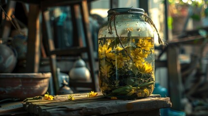 Poster - Yellow Flowers Preserved in a Glass Jar