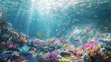 Sticker - An expansive underwater scene, clear blue ocean filled with playful dolphins and colorful fish, illuminated by beams of sunlight from above.