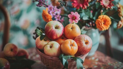 Wall Mural - Basket of apples and oranges with flowers