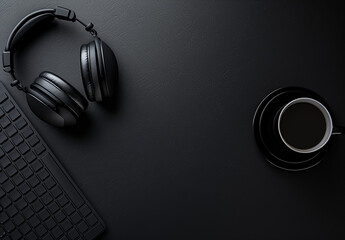 Photo of headphones , black keyboard with dark modern work table top view