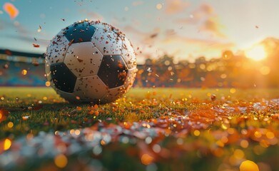 Wall Mural - Soccer Ball on Grass Field With Autumn Leaves and Sun