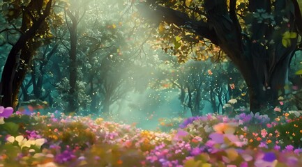 Wall Mural - a beautiful fairytale enchanted forest with big trees and great vegetation. digital painting backgro