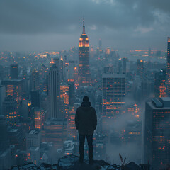 Lone figure stands on rooftop, overlooking the city lights of New York at dusk, opportunity concept