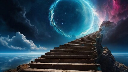 Canvas Print - Amazing view with stairs to another planet, fantasy background