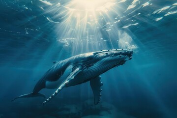 Wall Mural - majestic humpback whale underwater caribbean blue waters sunlight filtering through marine life beauty conservation awareness