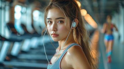 Canvas Print - Focused Young Woman in Gym with Earbuds