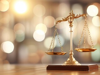 Golden scales of justice on a wooden table with a bokeh background. Symbol of law, fairness, and balance.