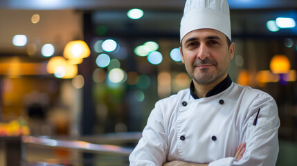 Wall Mural - A chef is standing in a restaurant with his arms crossed and a smile on his face