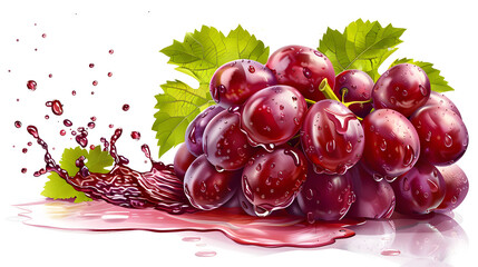 Wall Mural - Red grape cluster with green leaves isolated on white background. red grapes juice splash. vector illustration.
