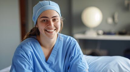 Wall Mural - A woman in a blue scrubs is smiling and posing for a picture, professional doctor