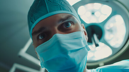 Poster - A man in a blue surgical mask is looking at the camera, professional doctor