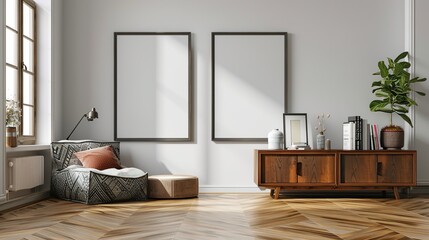 Wall Mural - Modern Living Room Interior with Empty Picture Frames