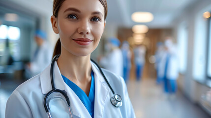 Poster - A woman in a white lab coat is smiling and holding a stethoscope, professional doctor