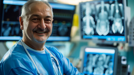 Wall Mural - A man in blue scrubs is smiling in front of computer monitor displaying a medical image