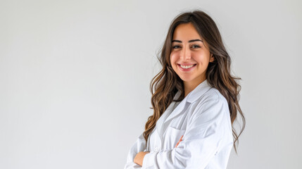 Wall Mural - A woman in a white lab coat is smiling and posing for a picture