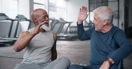 Wall Mural - Friends, high five and old men in gym, fitness and exercise with wellness, workout and warm up. People, pensioner or retirement with training, healthy or challenge with progress, happiness or support