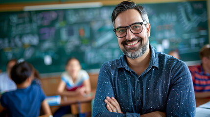 Wall Mural - A man with glasses is smiling and posing in front of a chalkboard, back to school concept