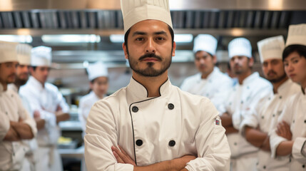 A chef stands in front of a group of other chefs, all wearing white coats